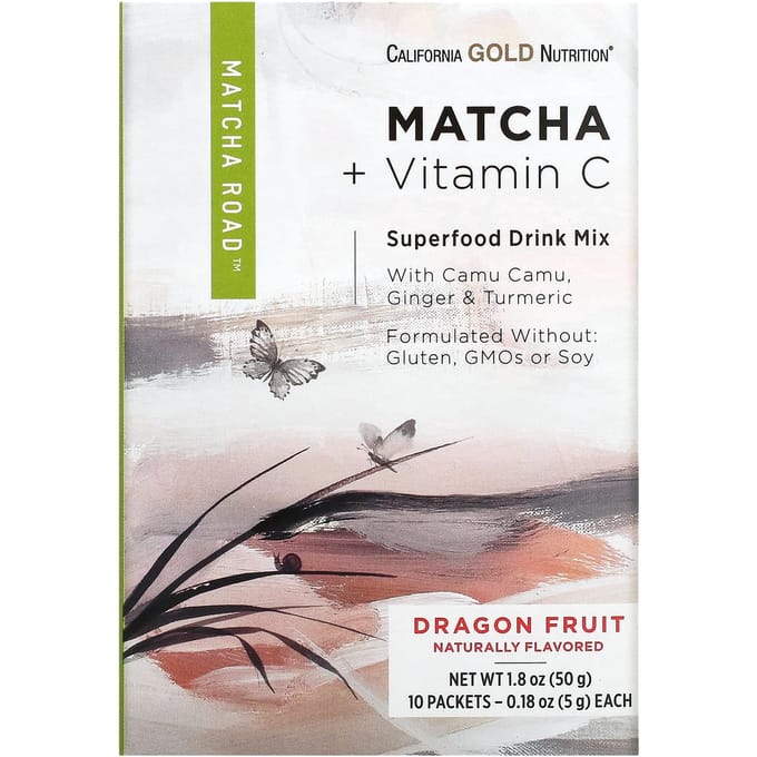 California Gold Nutrition, Matcha Road, Matcha + Vitamine C, Drakenfruit, 10 Sachets