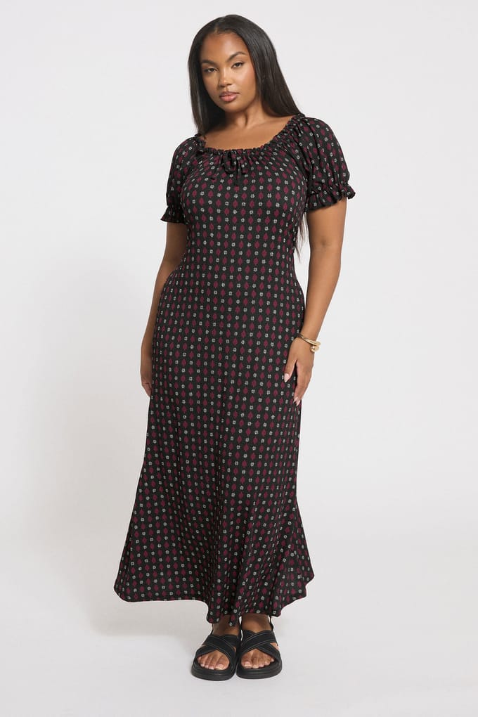 Yours Zwarte Ditsy Textuur Melkmeisjesjurk Size 42