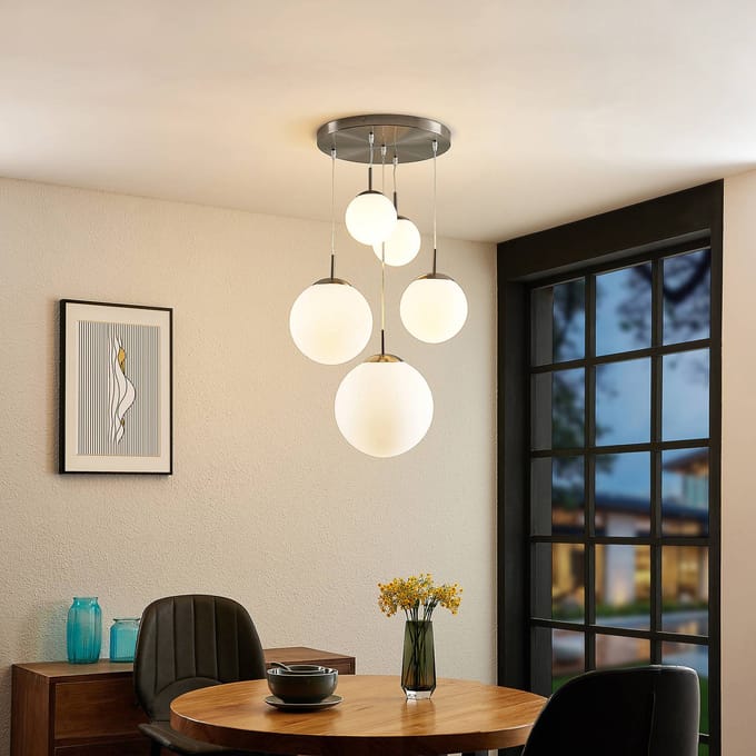 Lindby - hanglamp - 5lichts - Metaal, glas - H: 30 cm - E27 - mat nikkel, opaalwit