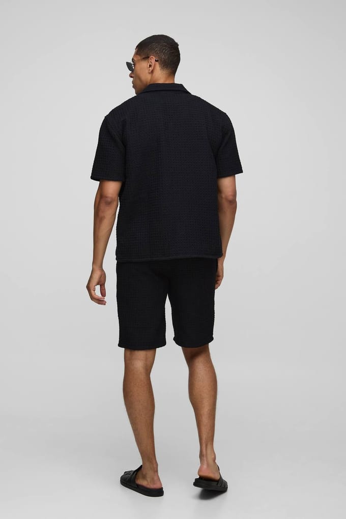 Oversized Jumbo Waffle Revere Shirt and Shorts Set | Black | Size Medium