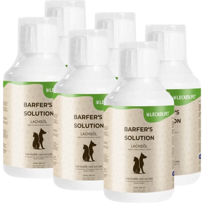 6 x 500 ml Lecker.Pet® Barfer's Solution 100 % zalmolie voor honden & katten