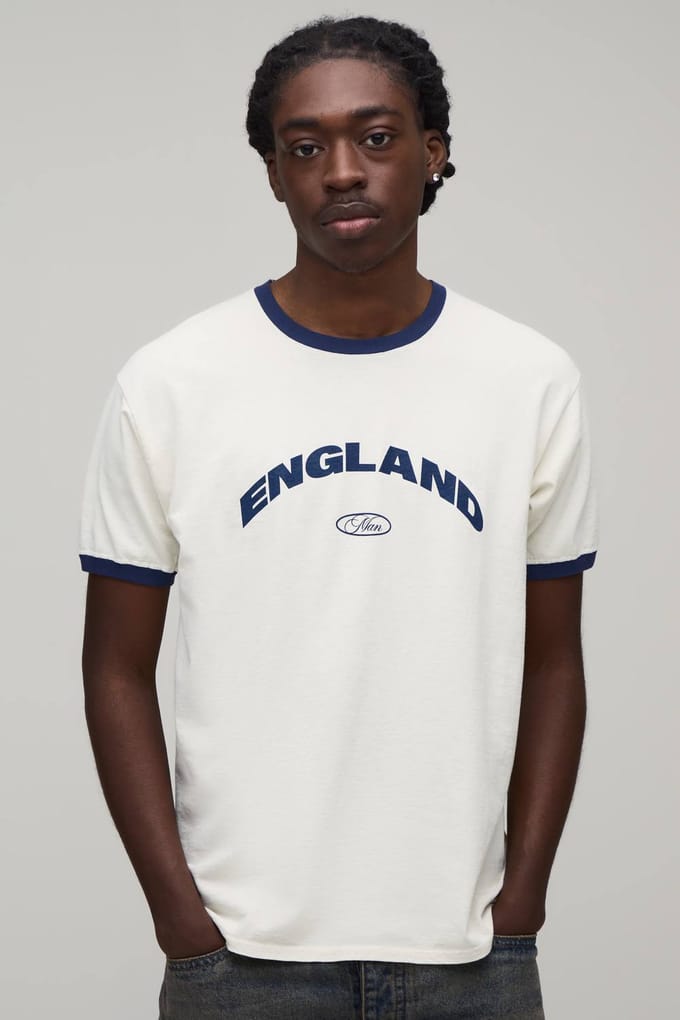 Regular England Print Ringer T-Shirt | Ecru | Size Small