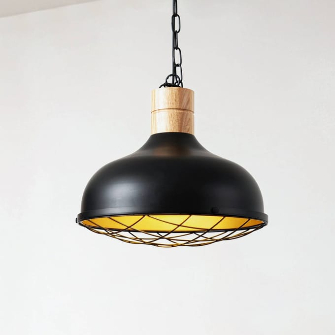 Lindby - hanglamp - 1licht - IJzer, rubberboom - H: 24 cm - E27 - zwart, licht hout