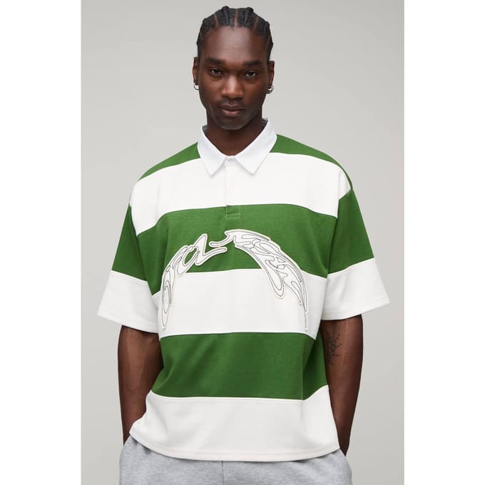 Lang Oversized Boxy Halfmouw Interlock Gestreept Appliqué Rugby Polo | Green | Size Medium