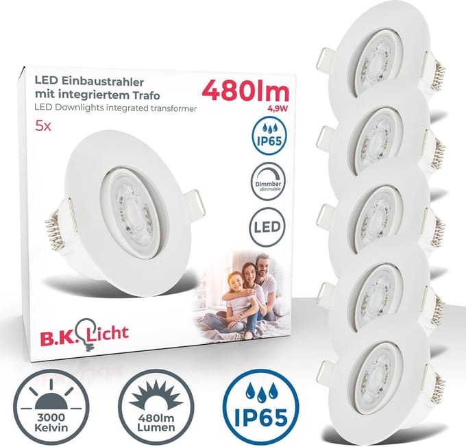 B.K.Licht - LED Badkamer Inbouwspots - dimbaar - set van 5 - badkamerverlichting - IP65 - wit - 9 x 4,2 cm (DxH)
