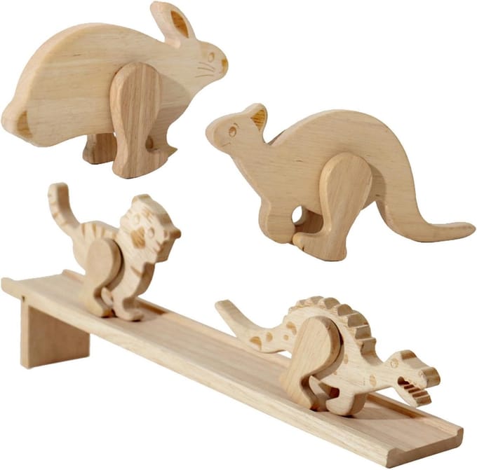 Houten hellingbaan - Dierenbaan - Educatief spel - Traagheid leren - 49.6 cm lengte - Multicolor