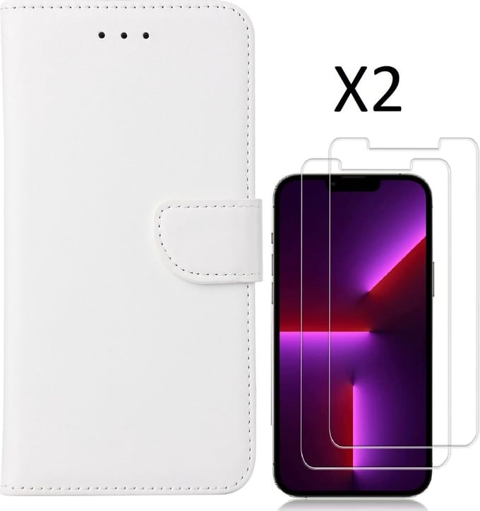 Hoesje Geschikt voor iPhone 14 Plus bookcase met 2 stuks screenprotector tempered glass – Wit