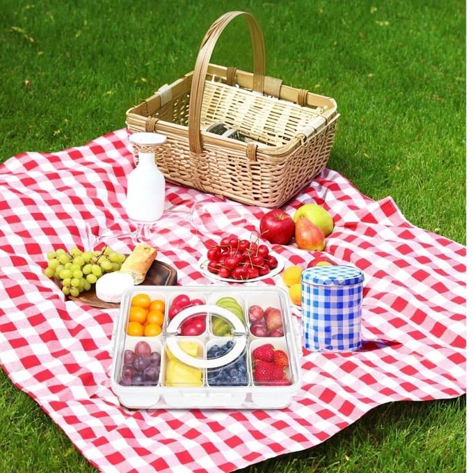 1 Stuks Verdeelde Serveerschaal Met Deksel En Handvat Verdeelde Snackdoos, Draagbare Snackdoos Snackcontainers Eight Grid beige