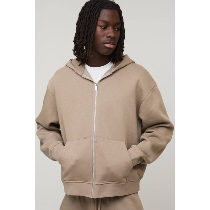 Essential Oversized Boxy Zip Through Hoodie | Taupe | Size Medium