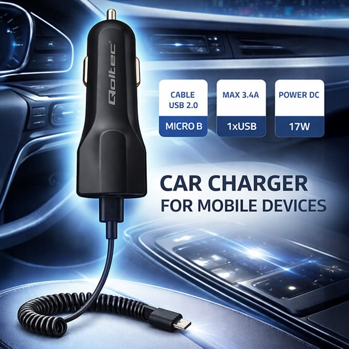 Qoltec autolader 12-24V |   17W |   5V |   3.4A |   USB + Micro USB-kabel