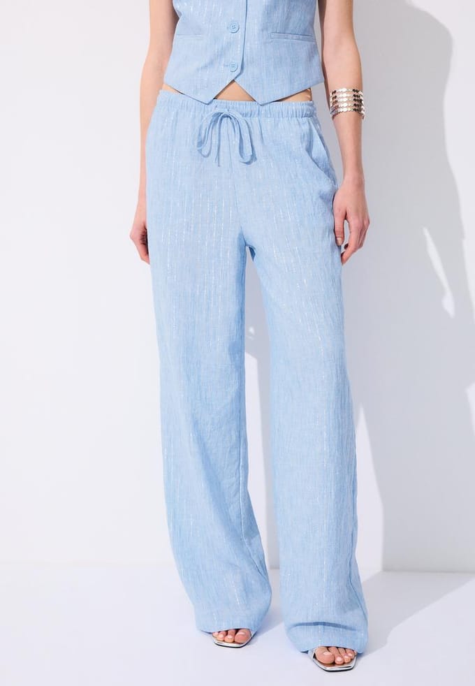 Stradivarius Soepele broek van linnenlook met metallic draad  Blauw M