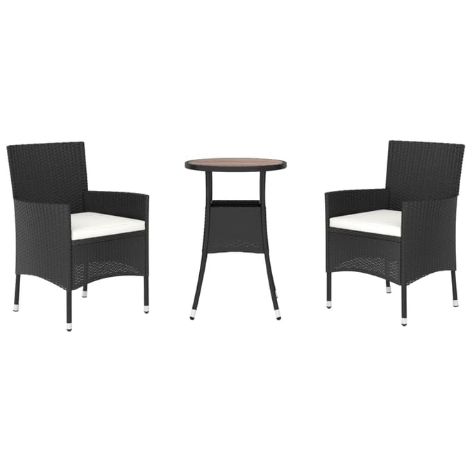 vidaXL - 3-delige - Bistroset - met - kussens - poly - rattan - zwart