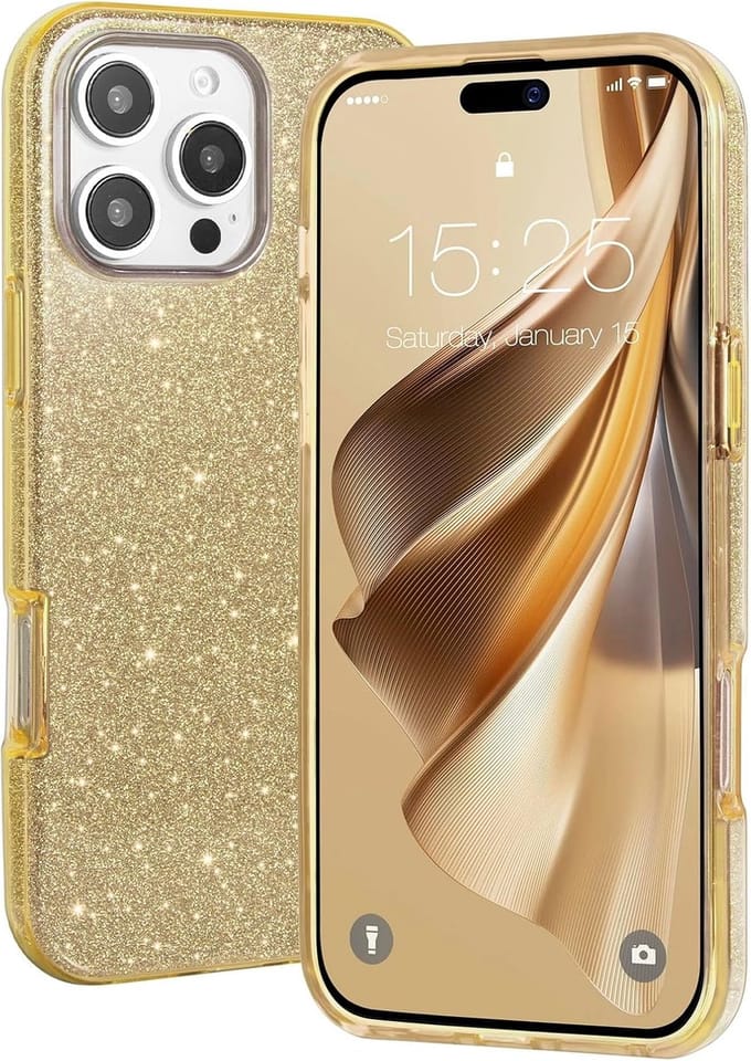 Casemania Hoesje Geschikt voor Apple iPhone 16 Pro Max - Goud - Glitter Back Cover