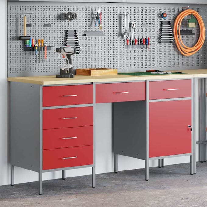 vidaXL - Werk - Cabinet - met - lade - 3 - st - Rood - Engineered - hout - en - staal