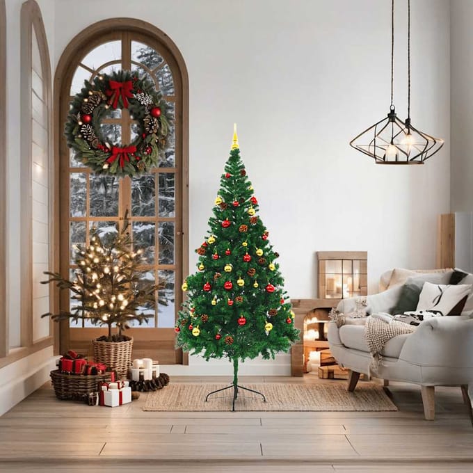 vidaXL - Kunstkerstboom - met - verlichting - en - kerstballen - 180 - cm - groen