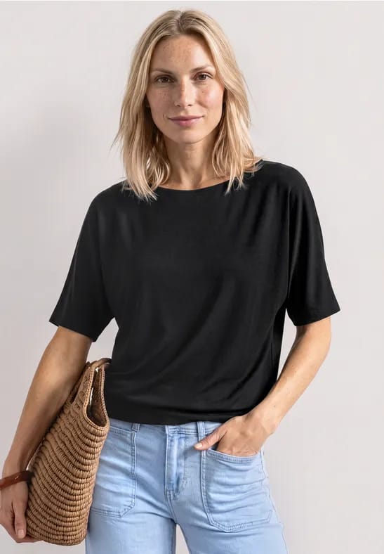 Basic Shirt met boothals en elastische zoom