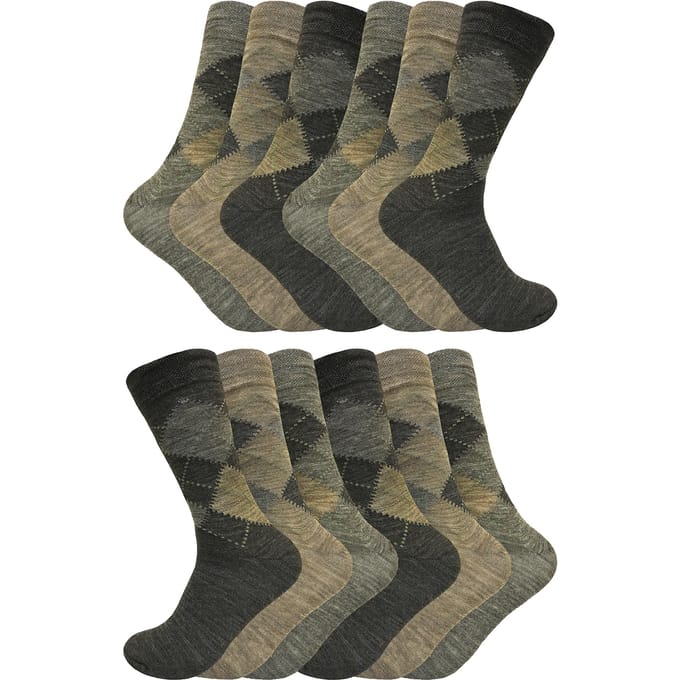 12 paar multiverpakking Argyle lamswollen herensokken - Bruin