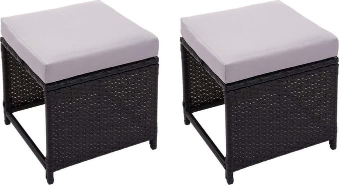 Set van 2 polyrotan krukken MCW-G16, tuinkrukken, horeca ~ zwart, kussens lichtgrijs