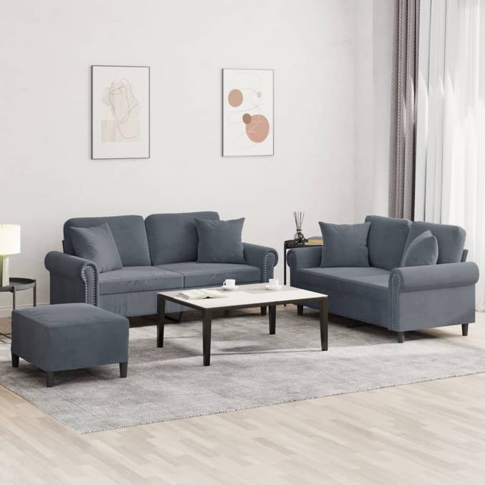 vidaXL - 3-delige - Loungeset - met - kussens - fluweel - donkergrijs