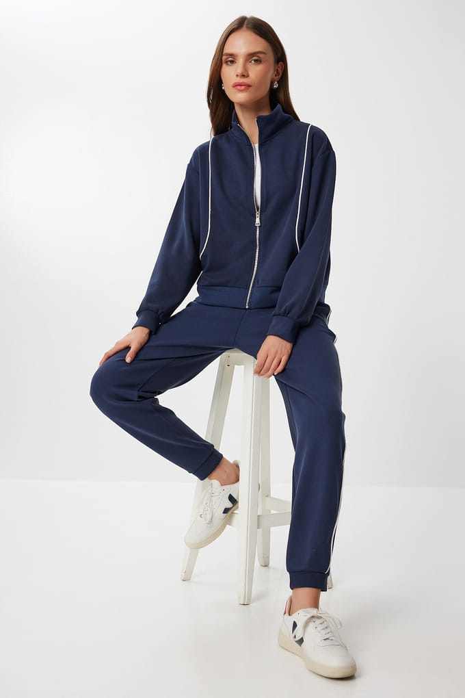 Contrast Binding Gedetailleerde Rits Sweater & Jogger Twee-Delige Set