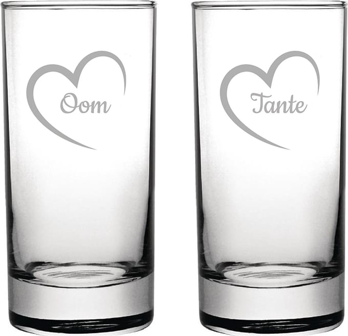 Gegraveerde longdrinkglas 28,5cl Tante met hartje & Oom met hartje