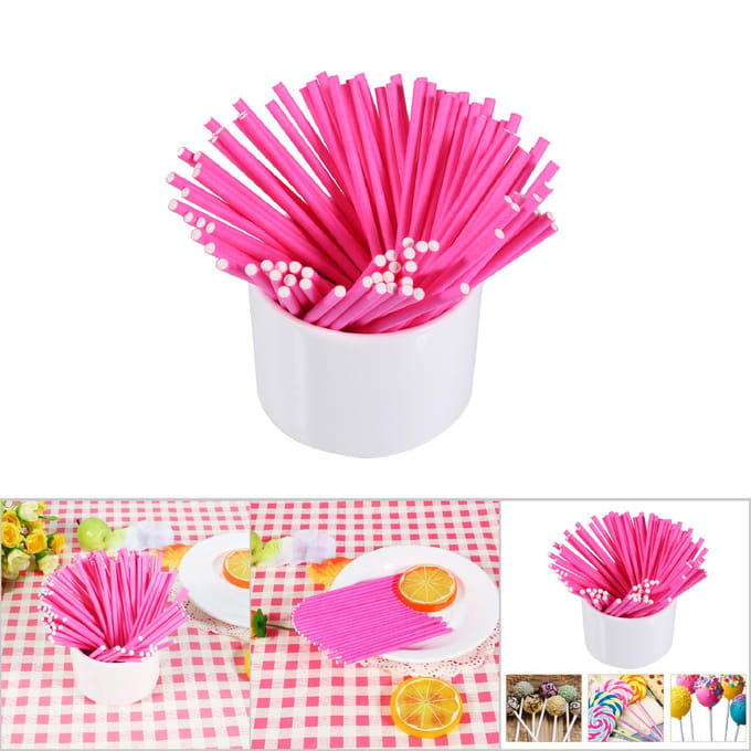 Lot de 100 bâtonnets de sucettes colorés pour gâteaux, bonbons, chocolats, 10 cm, rose pink