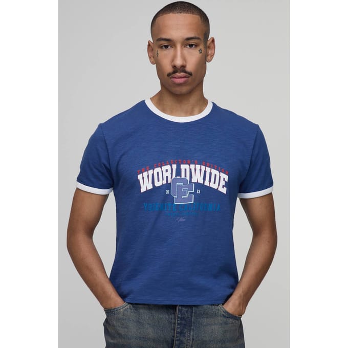 Collector's Edition Wereldwijd Ringer Gekrompen Boxy T-shirt | Navy | Size Medium