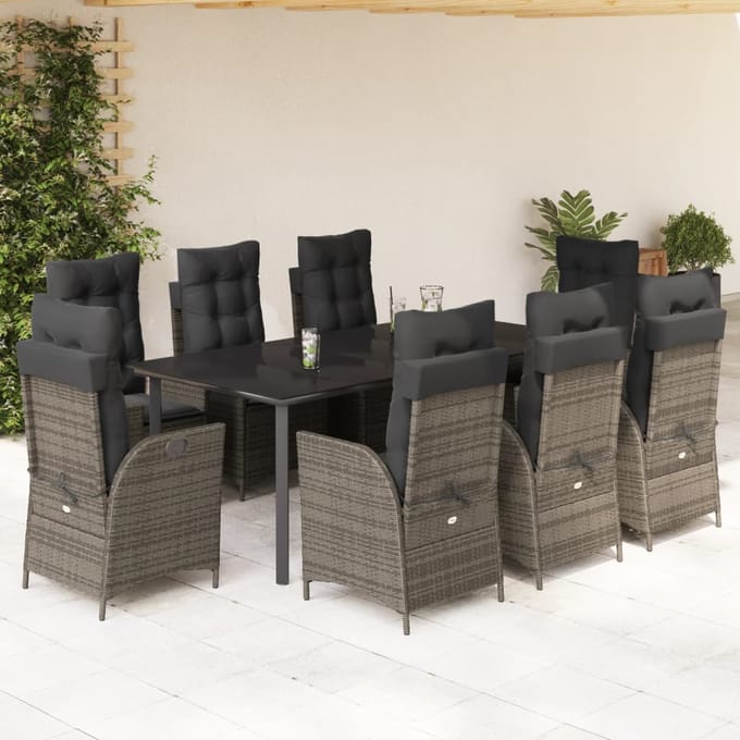 vidaXL - 9-delige - Tuinset - met - kussens - poly - rattan - grijs