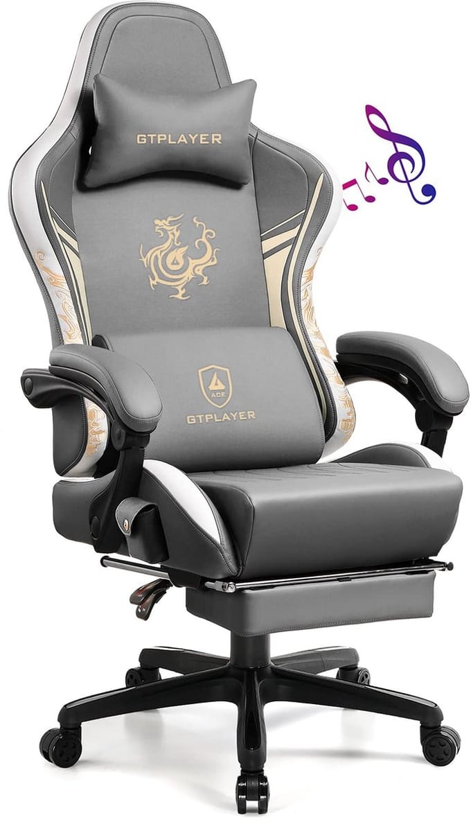 GTPLAYER - Dragon Series Gamingstoel - Met Bluetooth Luidsprekers en Voetsteun - Grijs