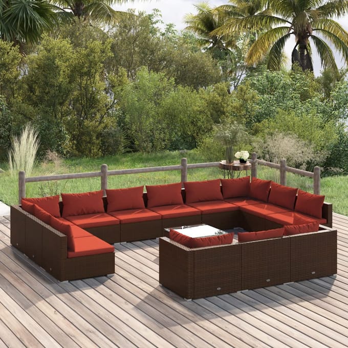 vidaXL - 14-delige - Loungeset - met - kussens - poly - rattan - bruin