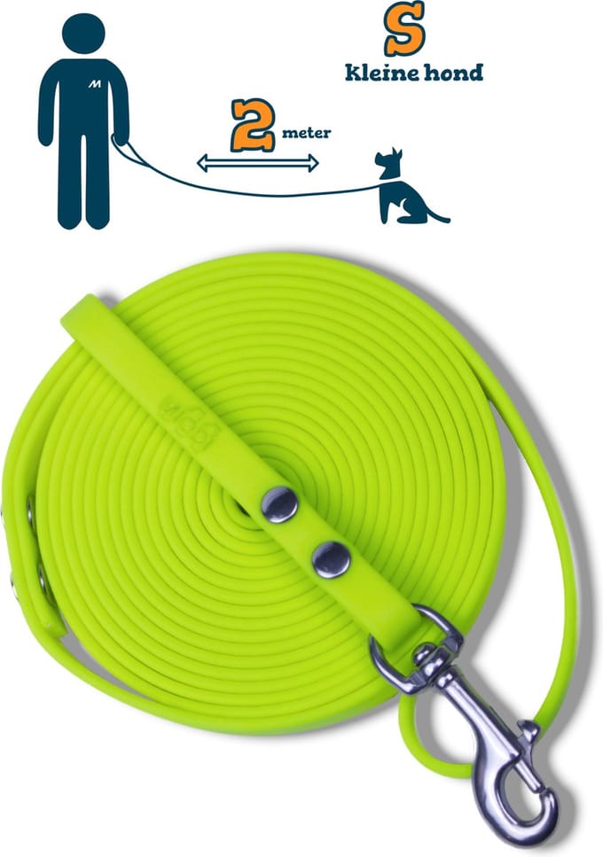 Miqdi hondenriem - BioThane – neon geel – 2 meter lang – 9mm breed – XS/S – kleine hond