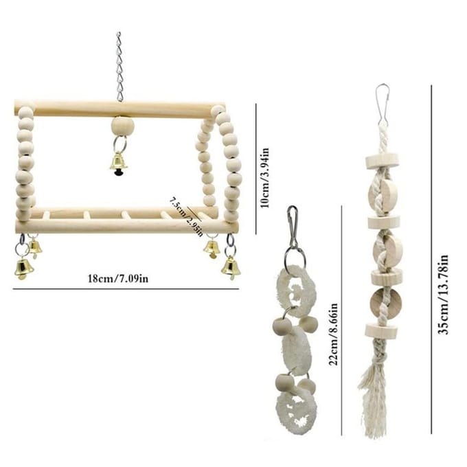 Papegaaivogelspeelgoedset Schommelkooiaccessoires Houten kleur 7-delige set Vogelspeelgoed Interactief beige