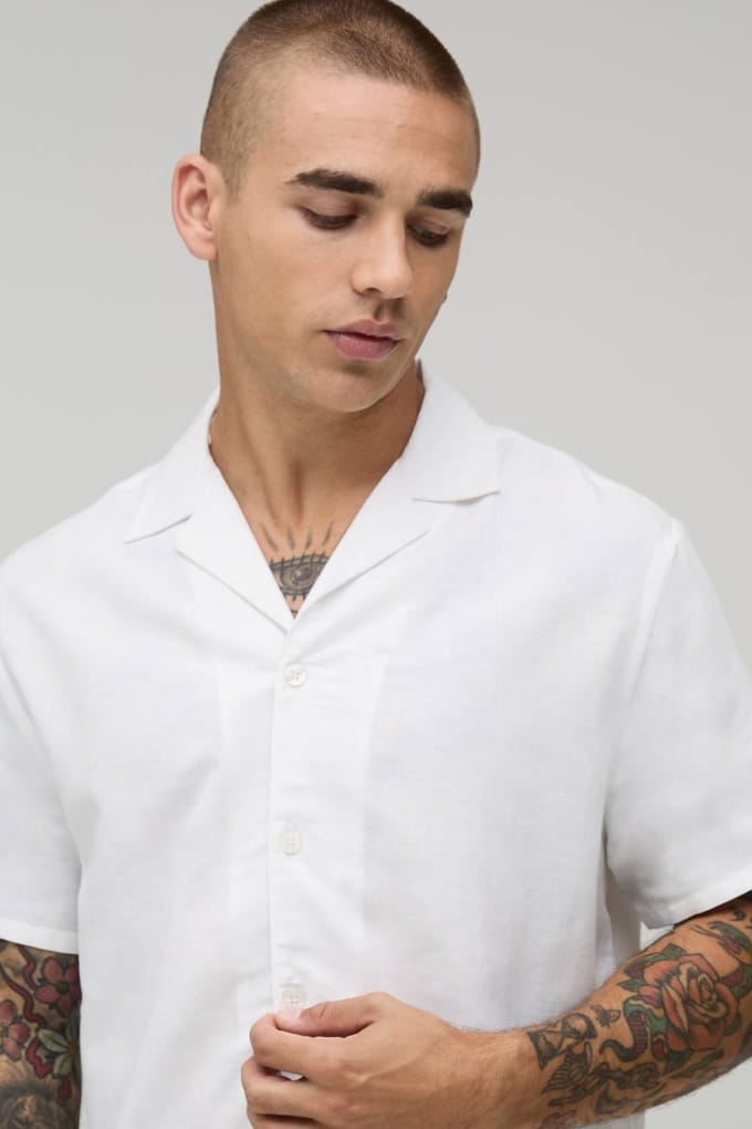 Regular Fit Linnen Blend Overhemd Met Korte Mouwen | White | Size 3XL