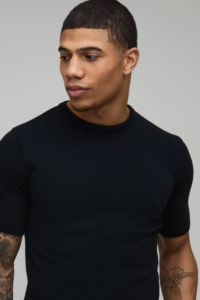 Essential Muscle Fit Soft Touch Knitted T-Shirt | Black | Size Large