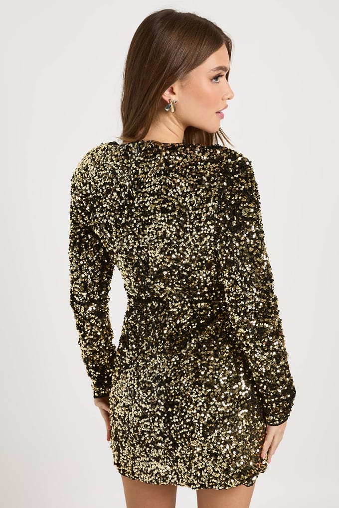 boohoo Dames Fluwelen Pailletten Bodycon Mini Feestjurk | Bronze | Maat: 12