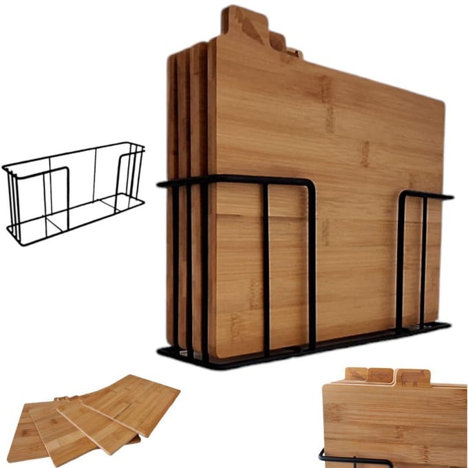 Set de 4 planches à découper en bambou + Support en acier