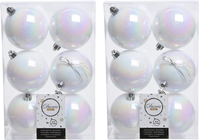 Decoris Kerstballen - 12x st - wit parelmoer - D8 cm - kunststof - mat/glans - kerstversiering
