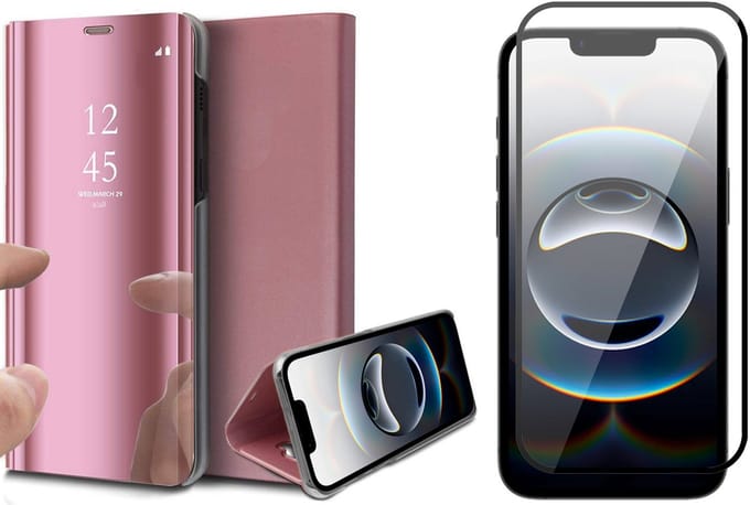Hoesje geschikt voor iPhone 16e - Screenprotector Volledig Dekkend Glas - Spiegel Book Case Rosegoud