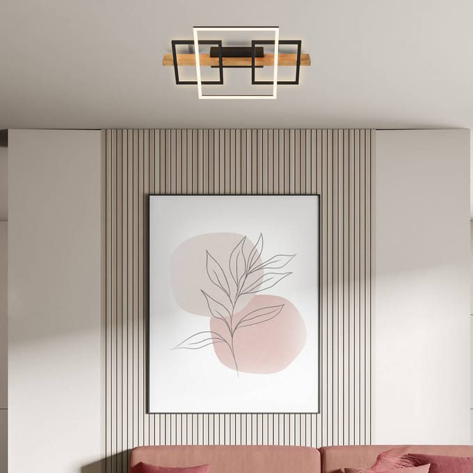 Briloner LED plafondlamp Cadre, 3000K, 55cm, zwart, hout