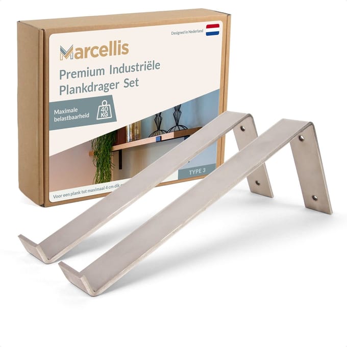 Marcellis - 2x Industriële plankdrager XL - Voor plank 30cm + schroefset - Roestvrij staal - T3