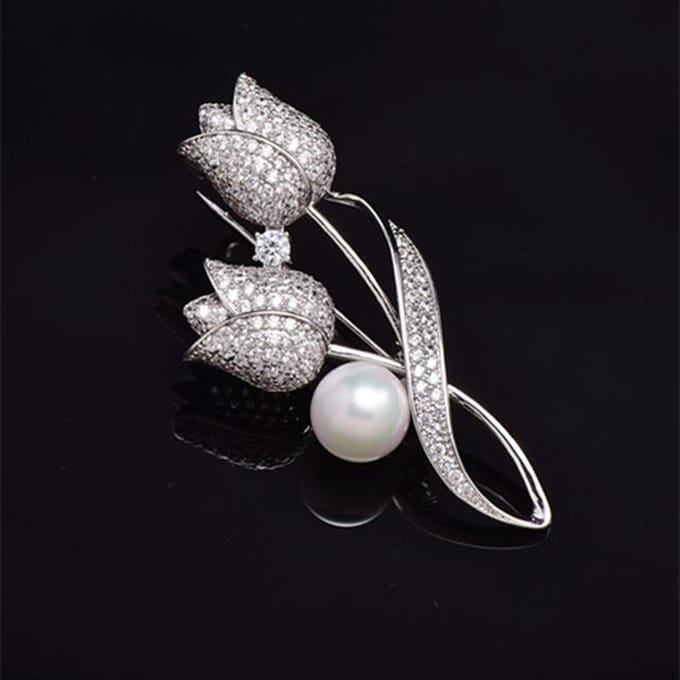 Broche Strass Fleur Tulipe Broche Anti-Éblouissement Broche de Costume Épinglette de Col Bijoux gray