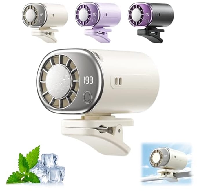 Draagbare Clip Ventilator met Koelmodule - USB Oplaadbare Ventilator met LED Display en 360° Rotatie - Voor Kinderwagen, Bureau, Camping en Auto - Wit