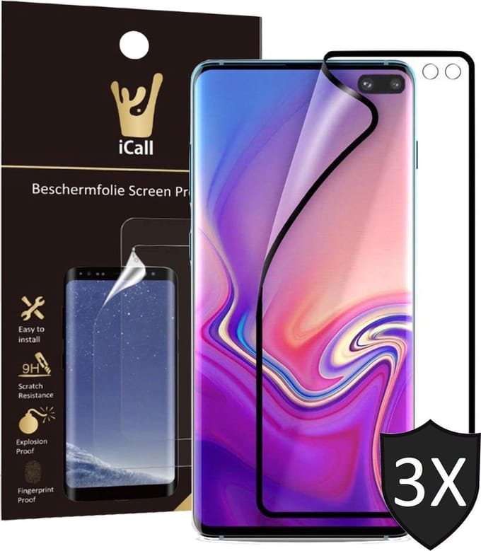 3x Screenprotector geschikt voor Samsung Galaxy S10 Plus | Glas PET Folie Screen Protector Zwart iCall | Full-Screen