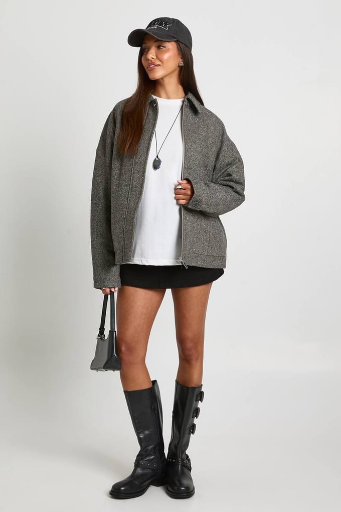 boohoo Dames Wolblend ritssluiting jas | Charcoal | Maat: 14