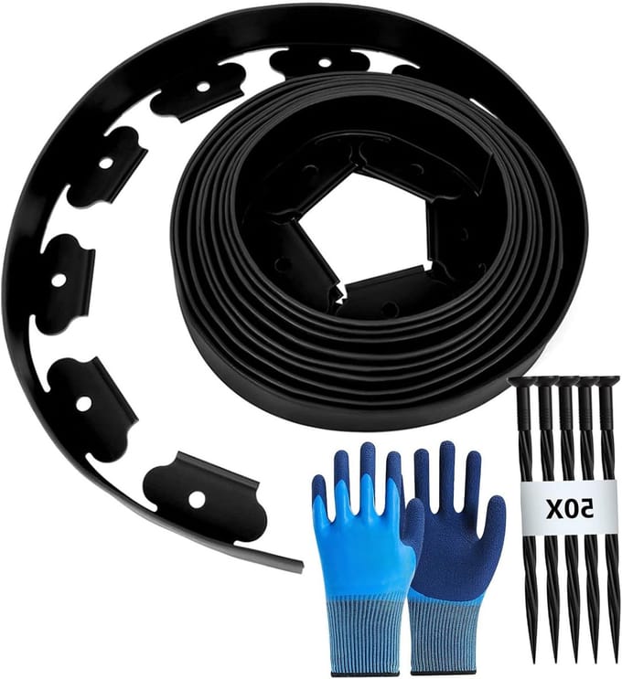 Flexibele kunststof gazonrand - 10 meter lengte - 5 cm hoogte - 50 grondankers - met handschoenen