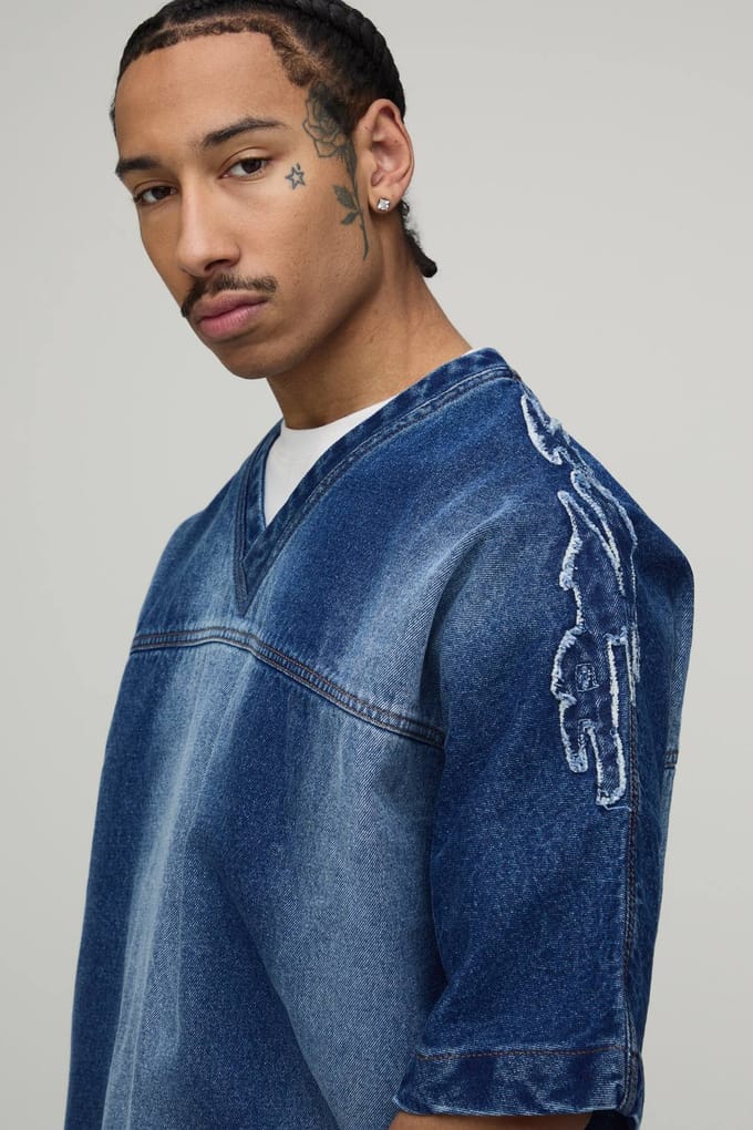 Oversized Varsity Applicatie Denim T-shirt | Mid Blue | Size Medium