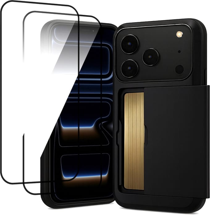 Hoesje met Pasjeshouder geschikt voor iPhone 17 Pro - 2x Screen Protector FullGuard - Back Cover SlideCase Zwart & Screenprotector