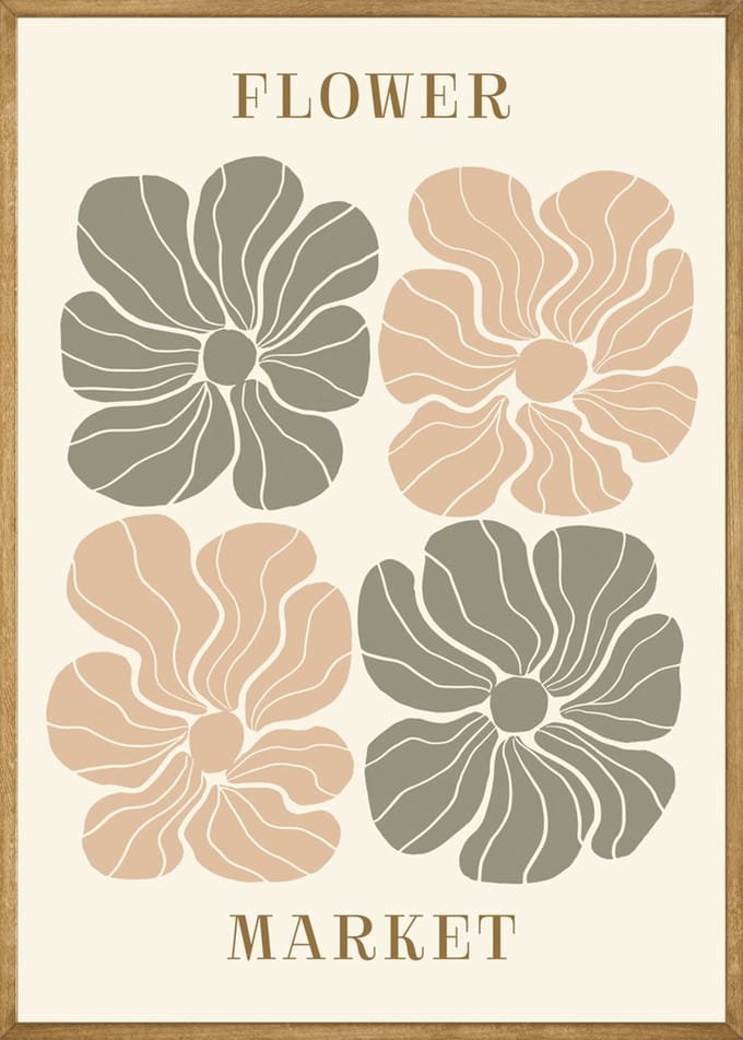 Abstracte Bloemenmarkt Groen/Beige Poster 50x70 cm