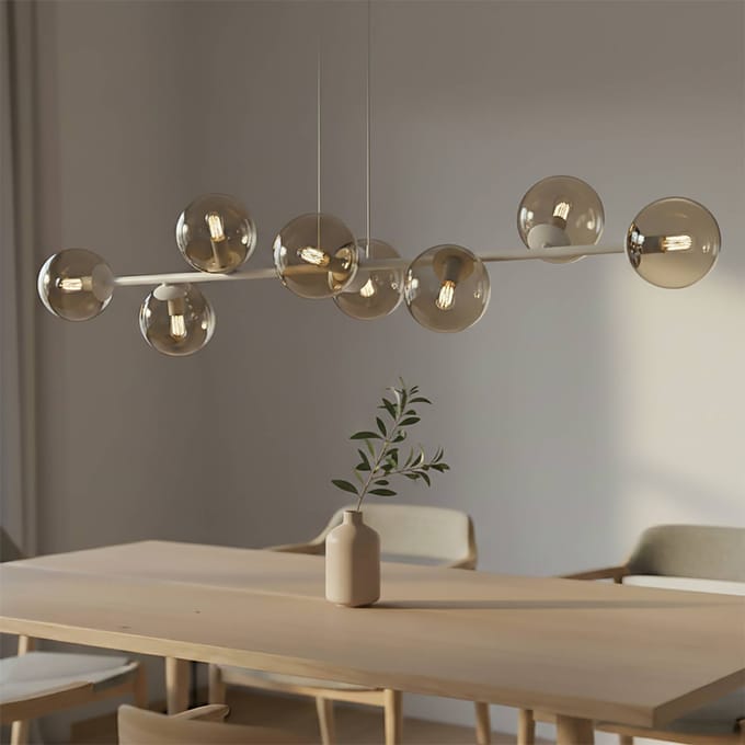 EMIBIG LIGHTING Hanglamp Rossi, beige, lengte 130 cm, 8-lamps, glas/metaal
