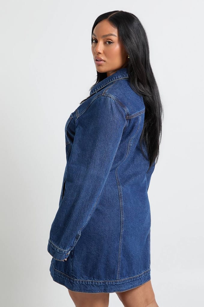 boohoo Dames Plus Western Denim Mini Jurk | Indigo | Maat: 26